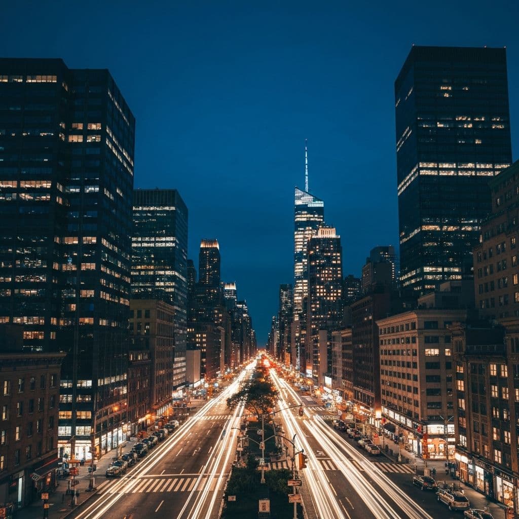 Neon-lit NYC street at midnight